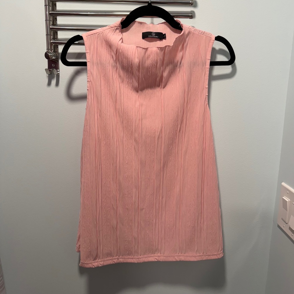 Lillusory Mock Neck Sleeveless Pleated Top Pink Large Minimalist Work Office